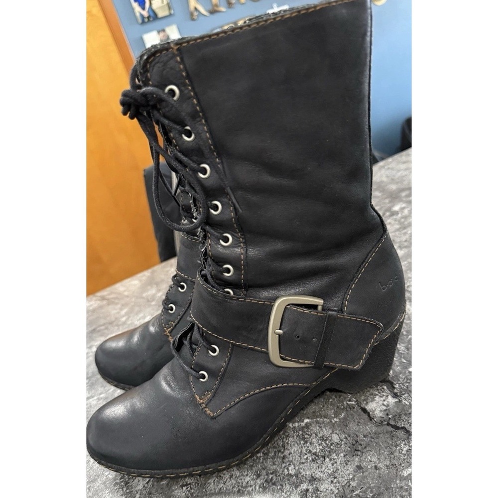 B.O.C Womens Military‎ Style Mid Calf Soft Leather Boots Lace Up Buckle Black 9